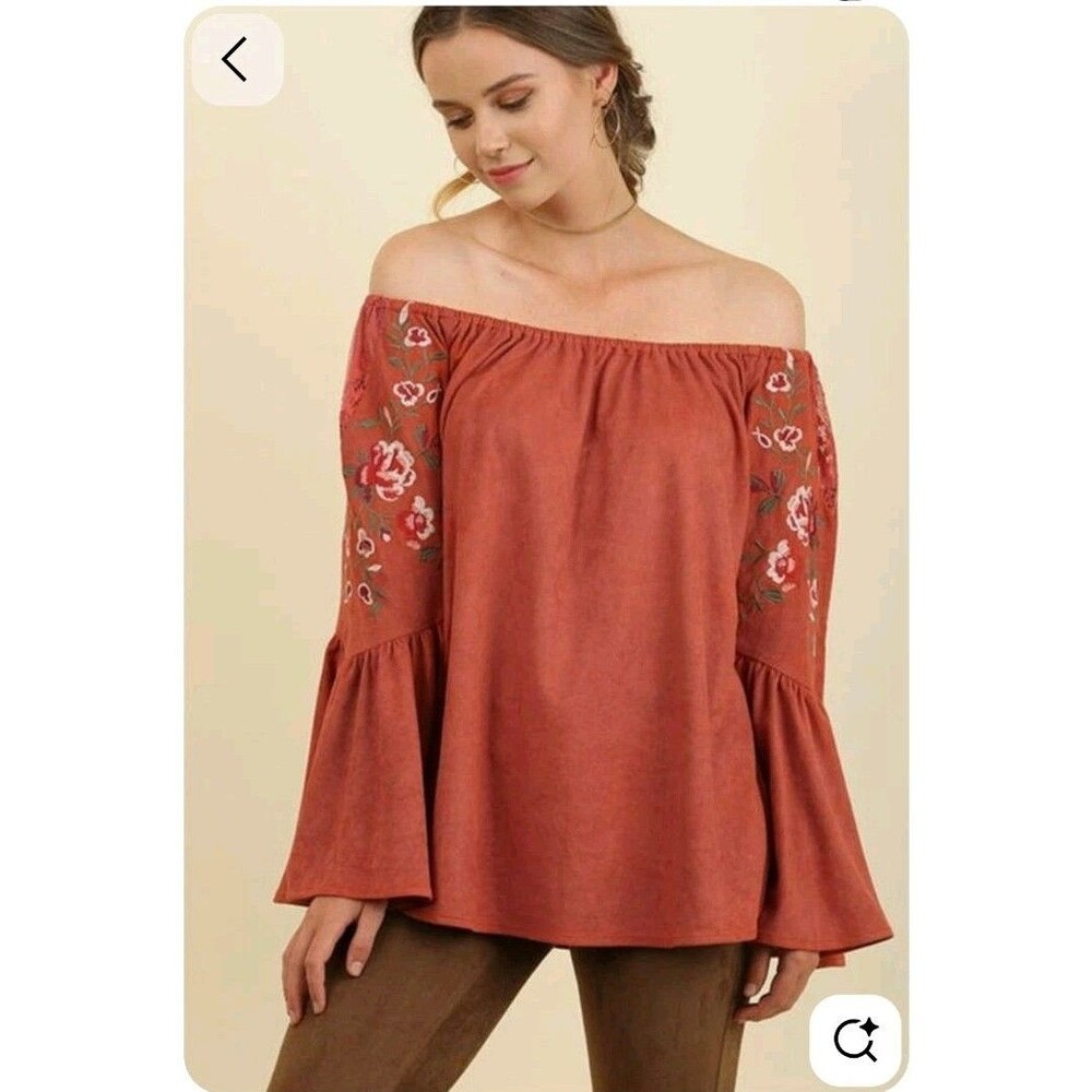 Umgee XL Burnt Orange Soft Suede Floral Embroidered Off Shoulder Boho Peasant